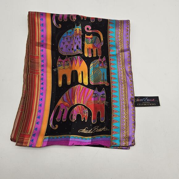 Laurel Burch Scarf Womens One Size Black Multicolor Silk Cats Oblong Whimsical - Picture 1 of 7